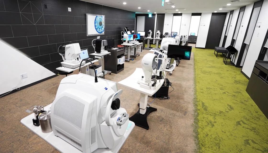 Examination center with rows of diagnostic instruments and screening stations