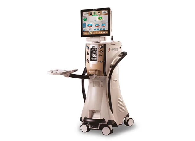 Alcon CENTURION phacoemulsification system on a wheeled stand with touchscreen