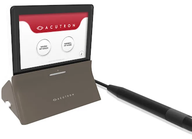 Acutron radio-frequency device with tablet console and slim handpiece