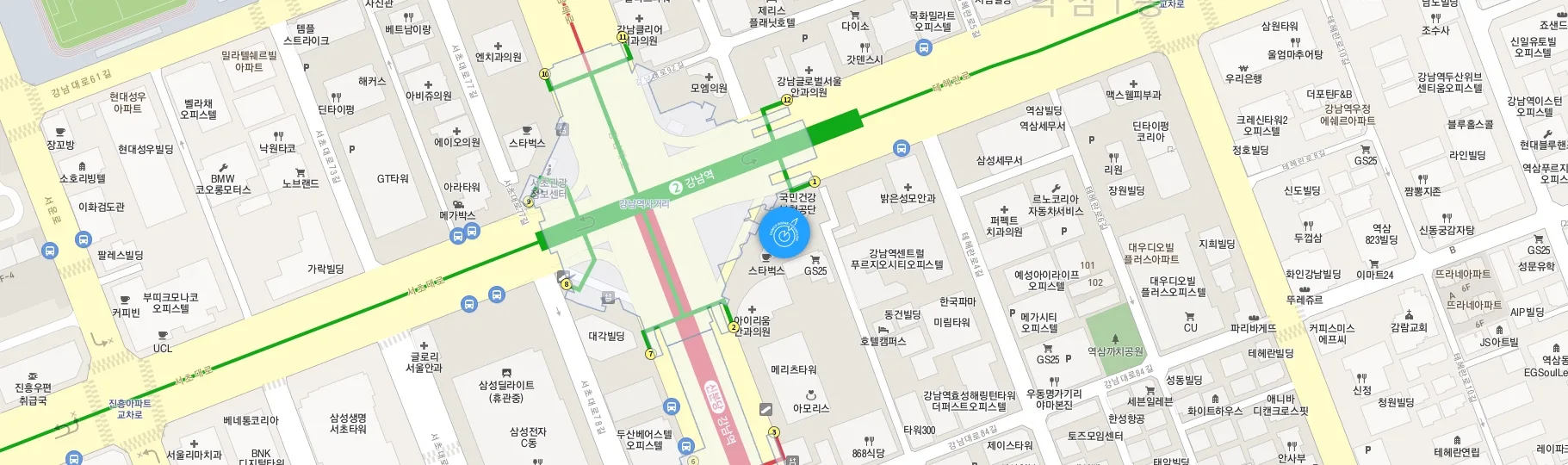 Map of the Gangnam Station area with a pin marking GS Eye Center in Mijin Plaza beside Exit 1