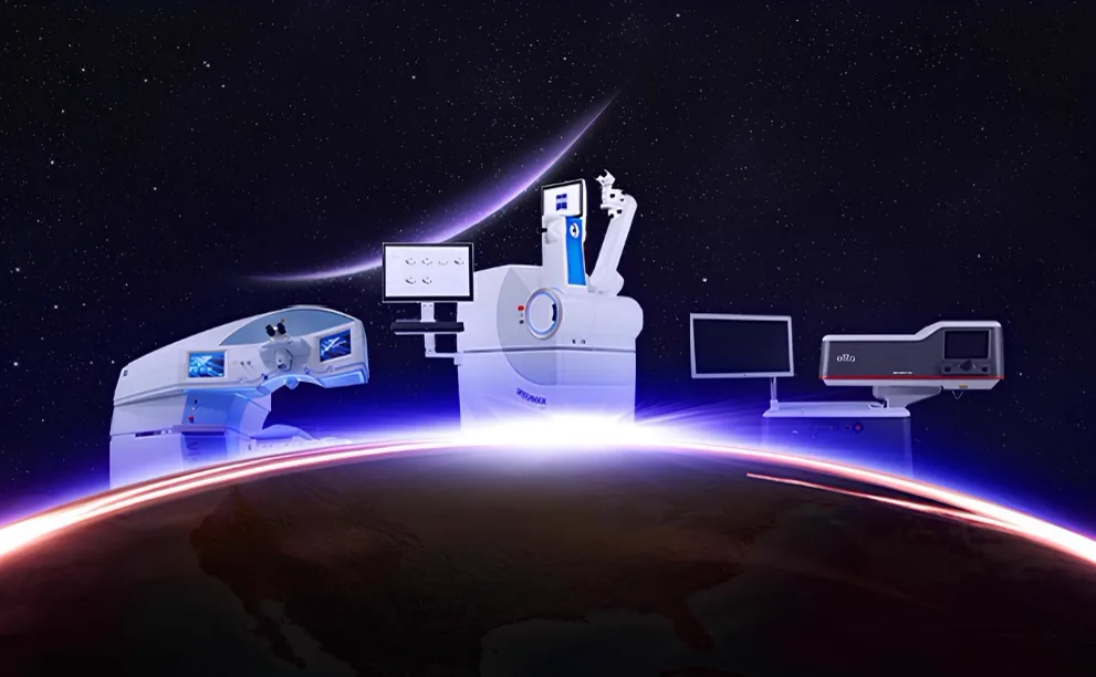 The three lenticule laser platforms side by side above a globe: ZEISS VISUMAX 500, VISUMAX 800 and Johnson and Johnson ELITA