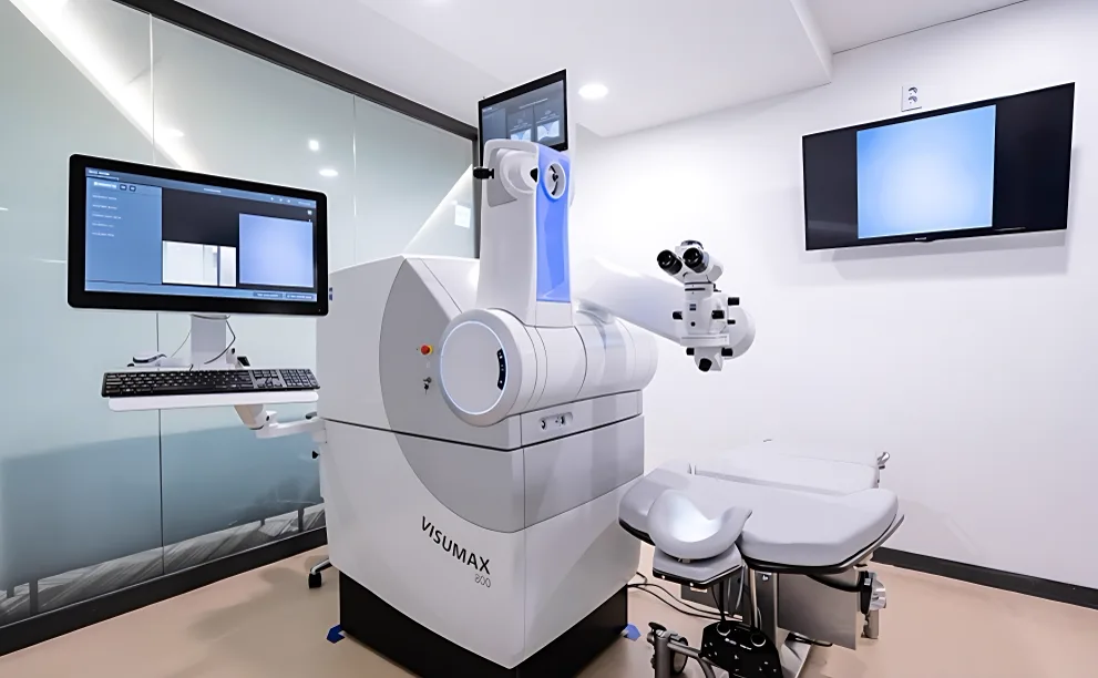 VISUMAX 800 laser and patient bed inside the dedicated SMILE Pro operating suite at GS Eye Center