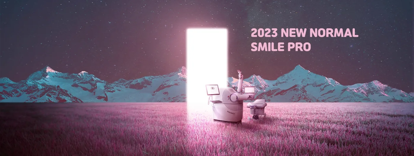 GS campaign visual: the ZEISS VISUMAX 800 laser standing in a surreal pink landscape under the words 2023 New Normal SMILE Pro