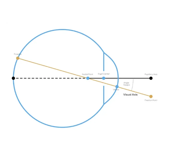 Diagram of the eye showing the visual axis from fixation point to fovea, with pupil center, nodal point and angle kappa labeled