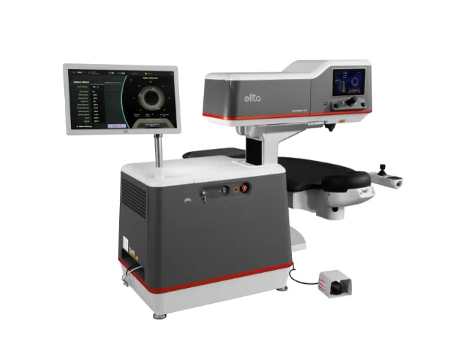 Johnson and Johnson ELITA femtosecond laser: patient bed, laser head and planning display